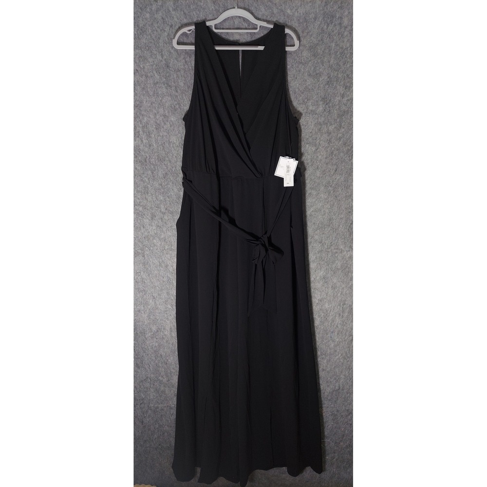 Premier Amour Jumpsuit 20W Black Crepe Minimalist Sleeveless Belt Slit Wide Leg